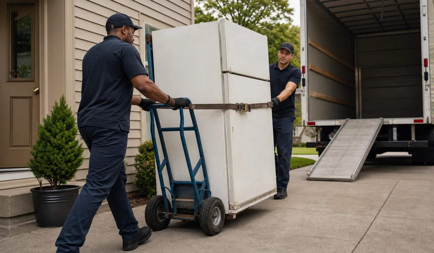 Junk Pickup service area photo for Gastonia, NC. Professional removal worker moving an old refrigerator on an appliance dolly.