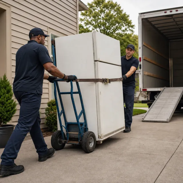 Appliance Removal service photo. Professional removal worker moving an old refrigerator on an appliance dolly.