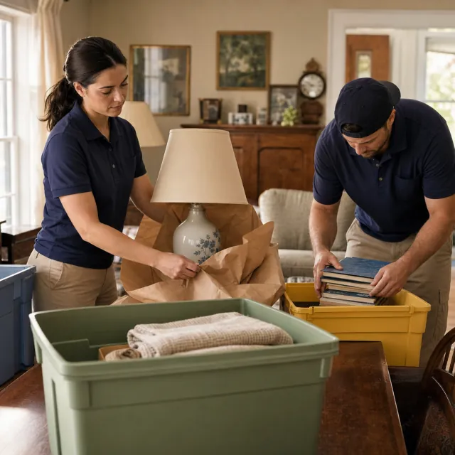 Estate Cleanout service photo. Professional cleanout crew respectfully sorting household furnishings for removal and donation.