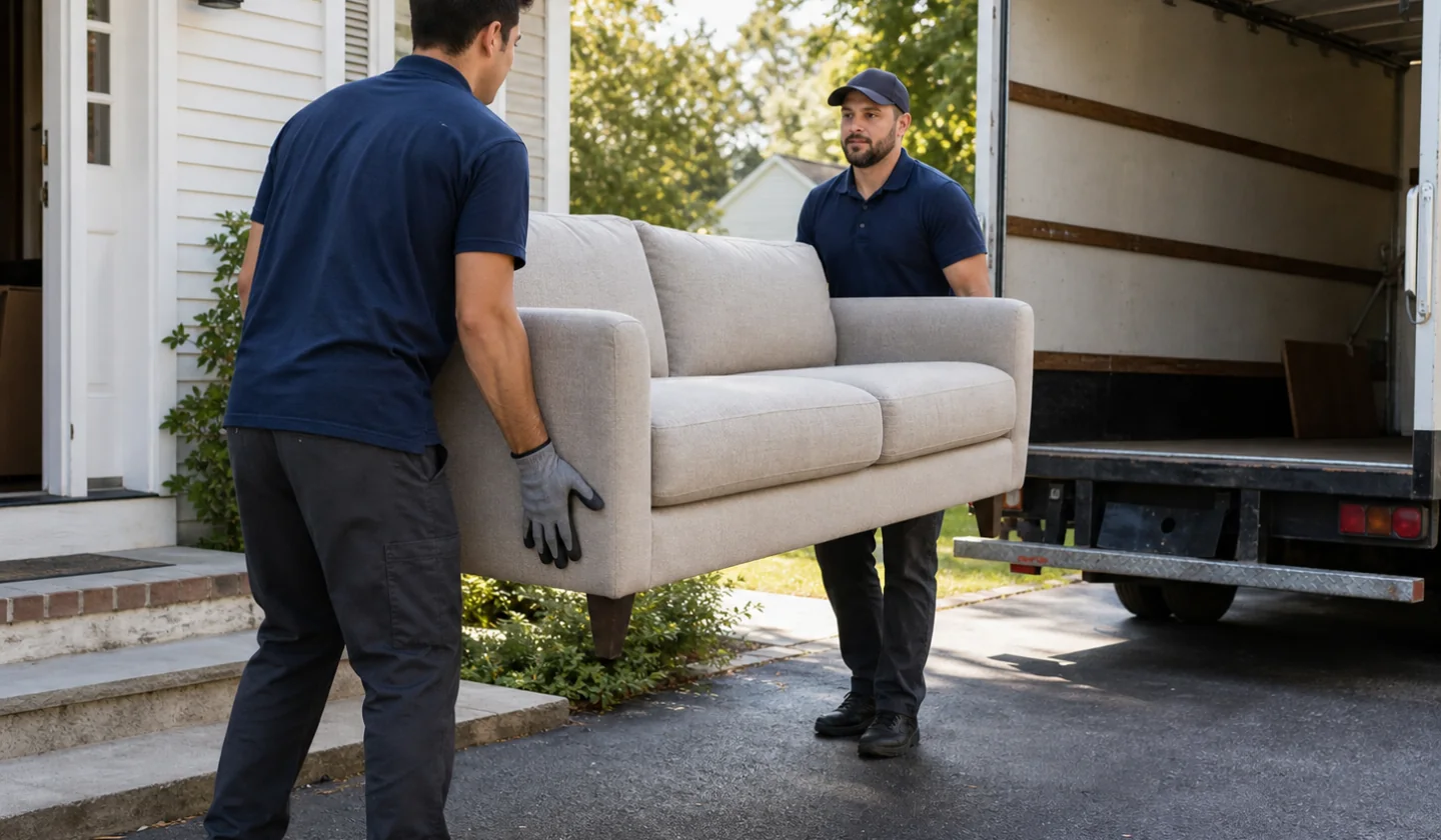 Junk Pickup service area photo for Tyler, TX. Professional removal crew carrying a sofa toward a clean box truck.