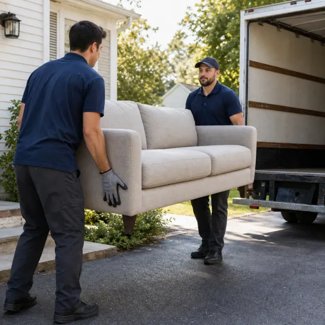 Furniture Removal service photo. Professional removal crew carrying a sofa toward a clean box truck.