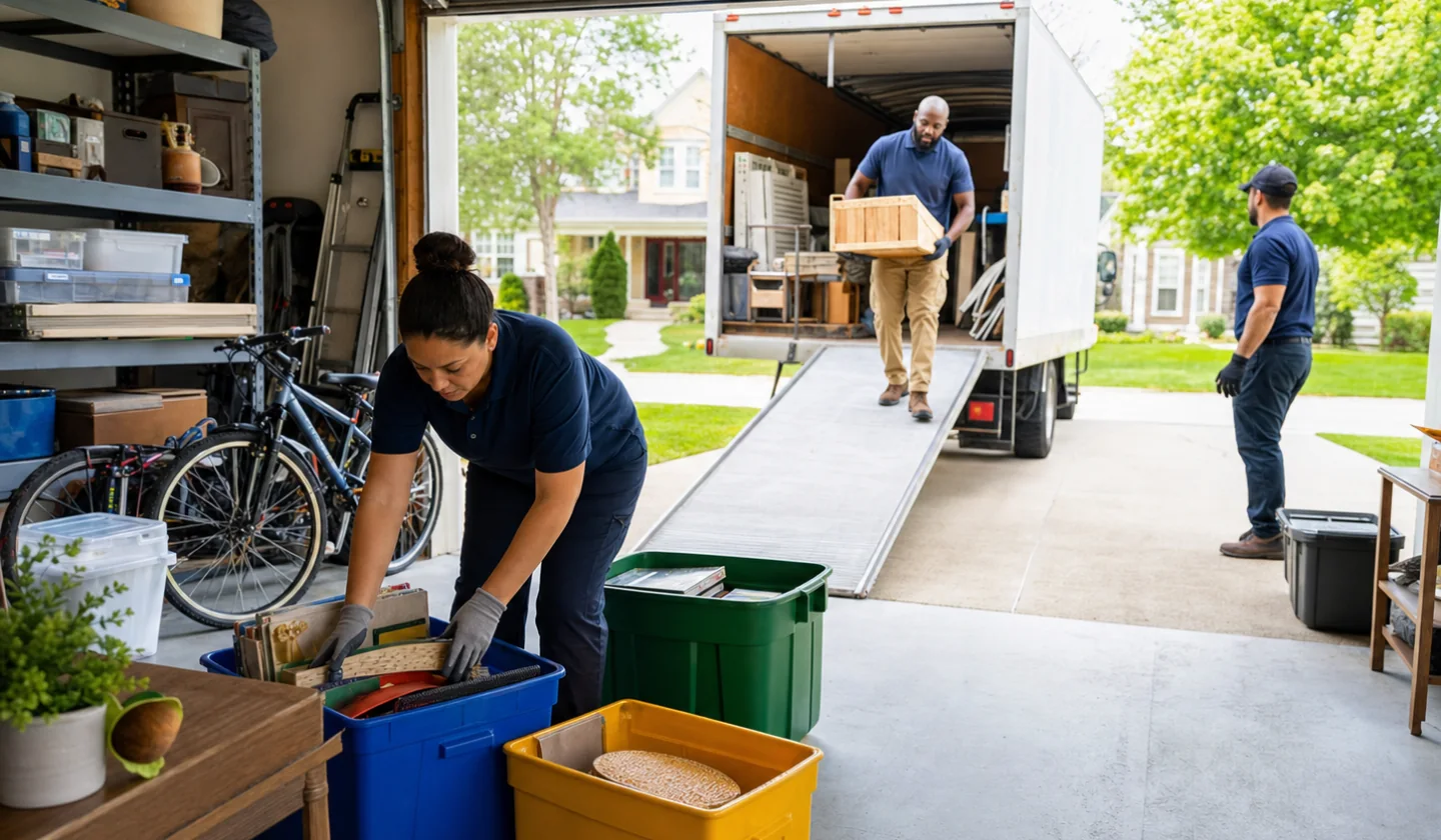 Junk Pickup service area photo for Longview, TX. Professional removal crew sorting and loading household items from an open garage.