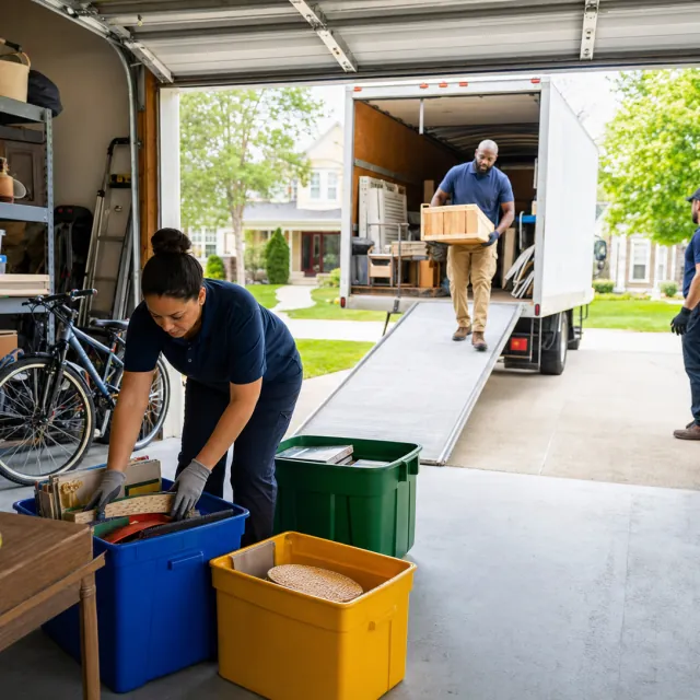 Garage Cleanout service photo. Professional removal crew sorting and loading household items from an open garage.