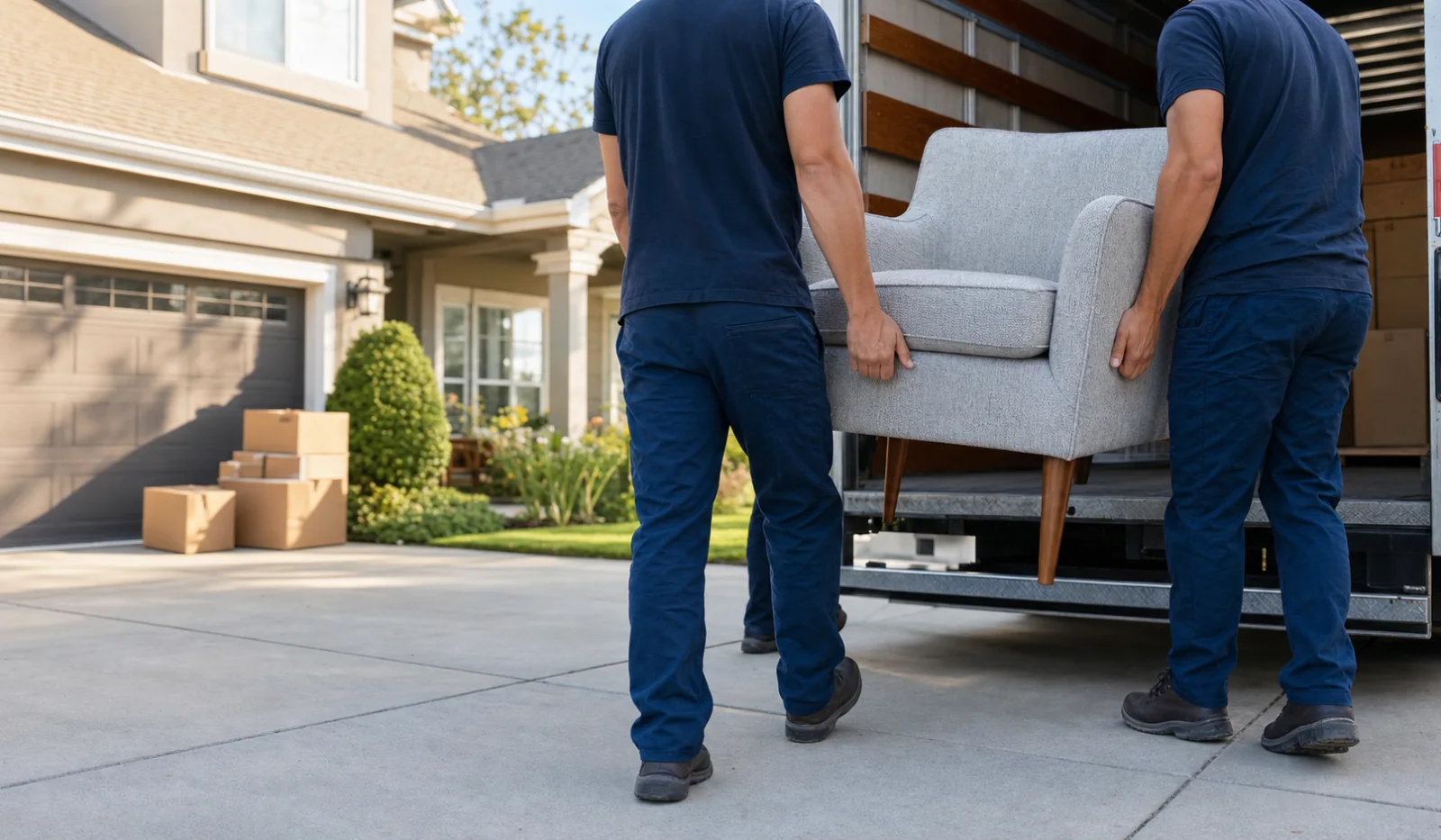 Professional removal crew loading an armchair into a clean box truck.