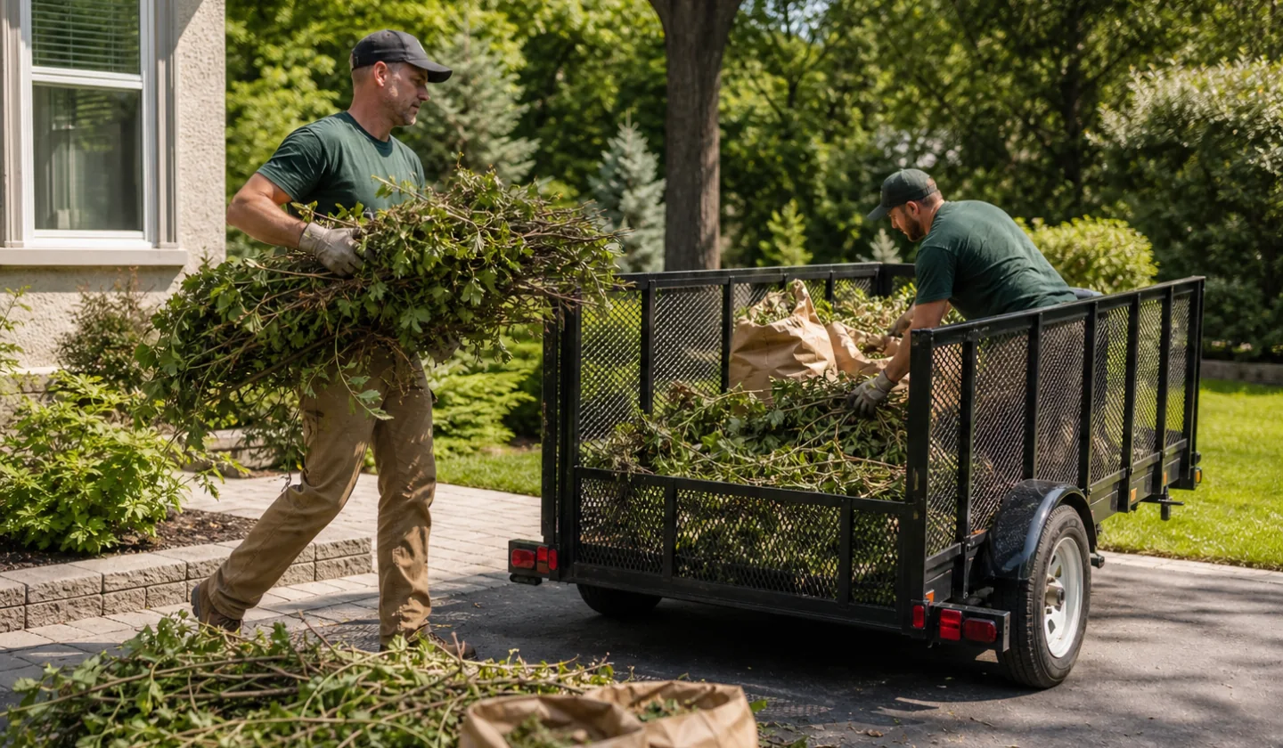 Yard Debris Pickup service photo. Professional removal crew loading trimmed branches and bagged leaves into a trailer.