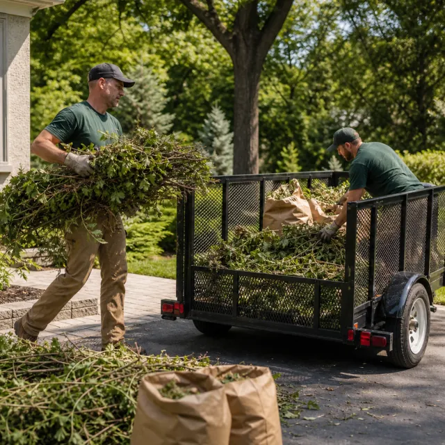 Yard Debris Pickup service photo. Professional removal crew loading trimmed branches and bagged leaves into a trailer.